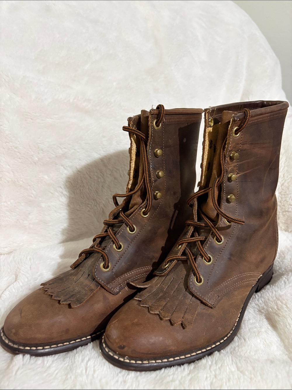 Laredo Brown Leather Lace-Up Boots with Kiltie Fringe